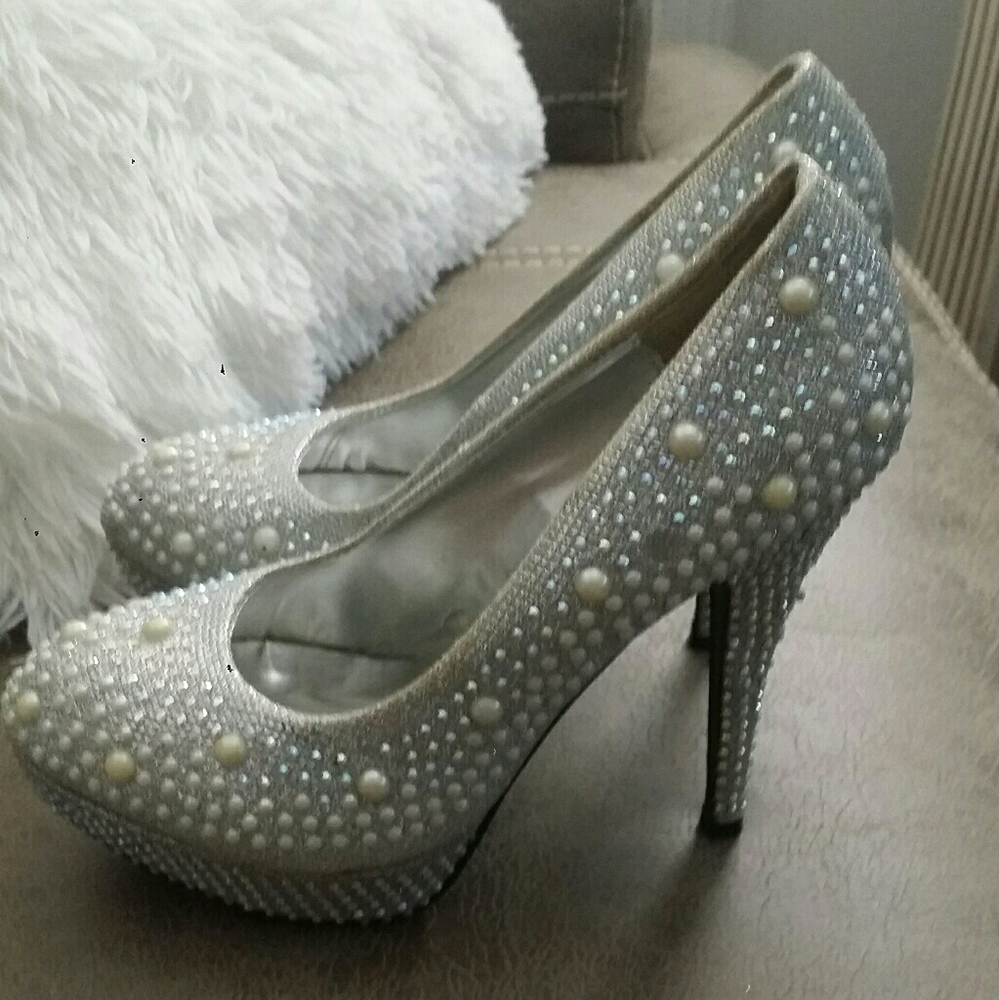 First sight pearl and glitter heels